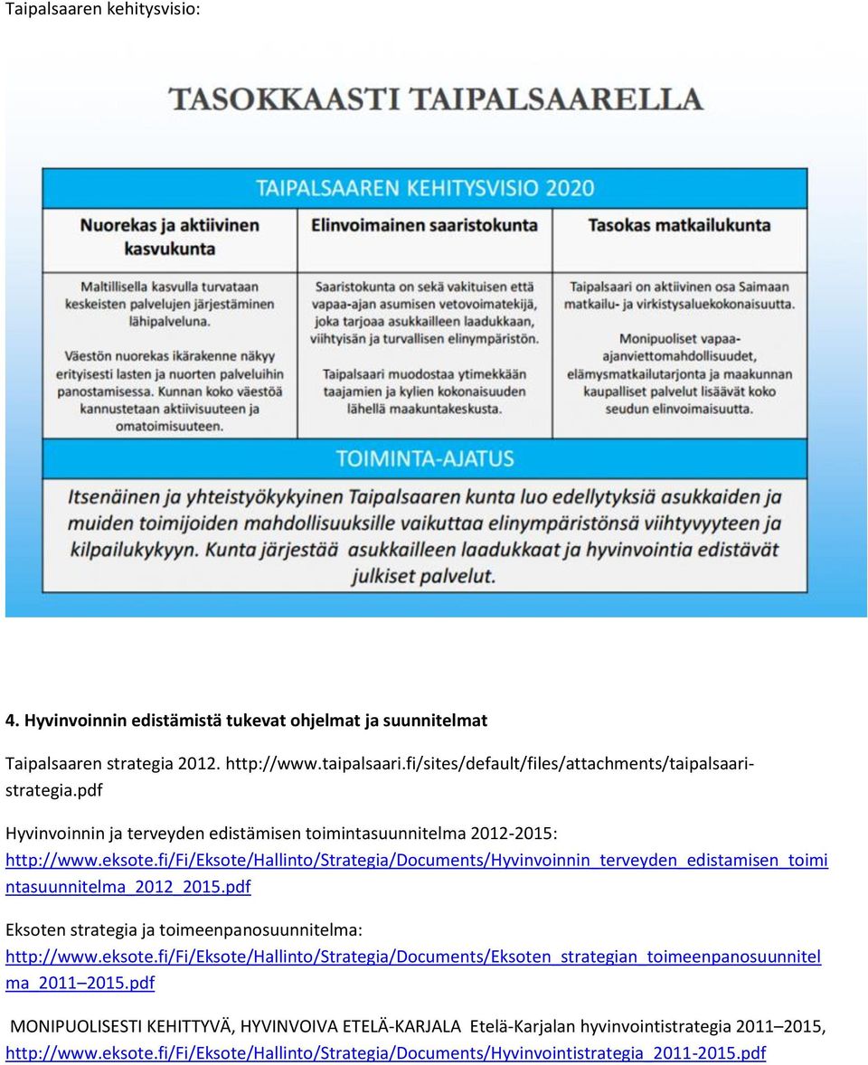 fi/fi/eksote/hallinto/strategia/documents/hyvinvoinnin_terveyden_edistamisen_toimi ntasuunnitelma_2012_2015.pdf Eksoten strategia ja toimeenpanosuunnitelma: http://www.eksote.fi/fi/eksote/hallinto/strategia/documents/eksoten_strategian_toimeenpanosuunnitel ma_2011 2015.