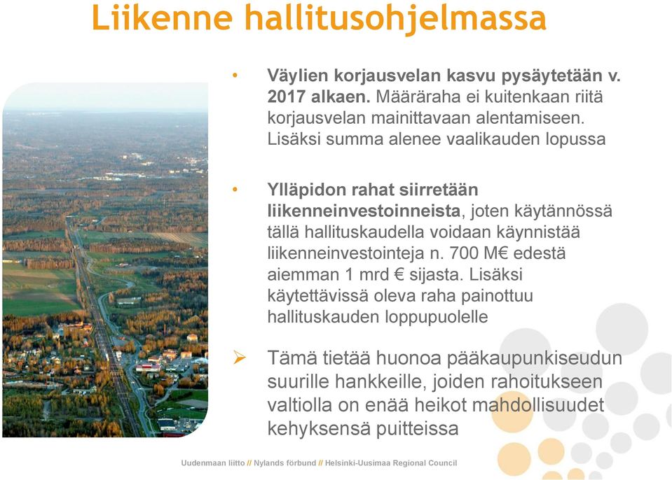 Lisäksi summa alenee vaalikauden lopussa Ylläpidon rahat siirretään liikenneinvestoinneista, joten käytännössä tällä hallituskaudella voidaan