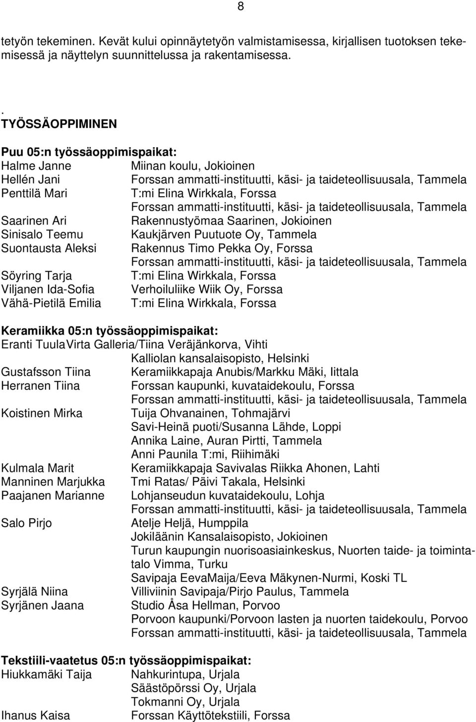 Forssa Forssan ammatti-instituutti, käsi- ja taideteollisuusala, Tammela Saarinen Ari Rakennustyömaa Saarinen, Jokioinen Sinisalo Teemu Kaukjärven Puutuote Oy, Tammela Suontausta Aleksi Rakennus Timo