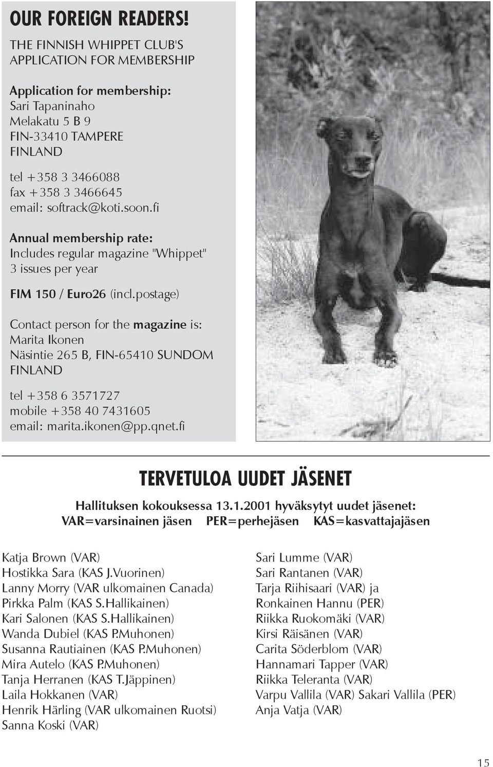 soon.fi Annual membership rate: Includes regular magazine "Whippet" 3 issues per year FIM 150 / Euro26 (incl.