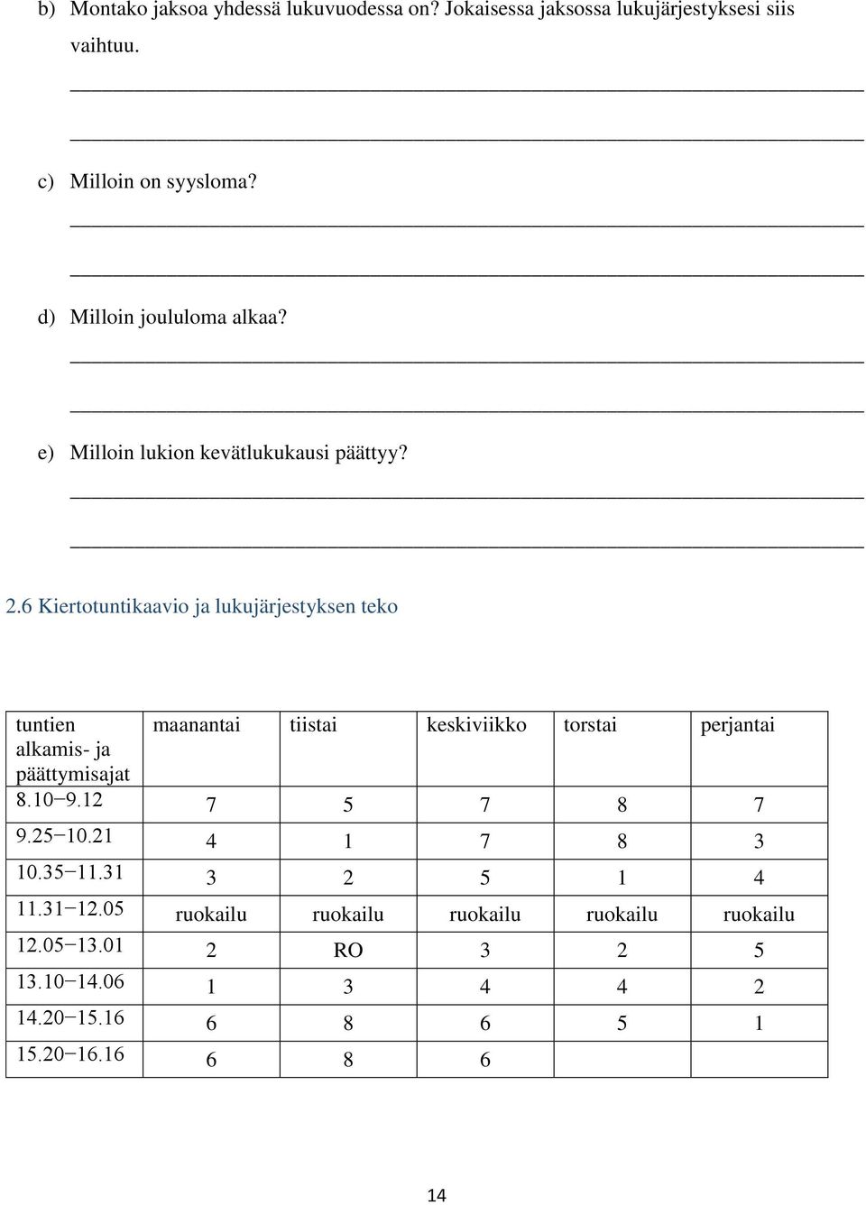 6 Kiertotuntikaavio ja lukujärjestyksen teko tuntien maanantai tiistai keskiviikko torstai perjantai alkamis- ja päättymisajat 8.