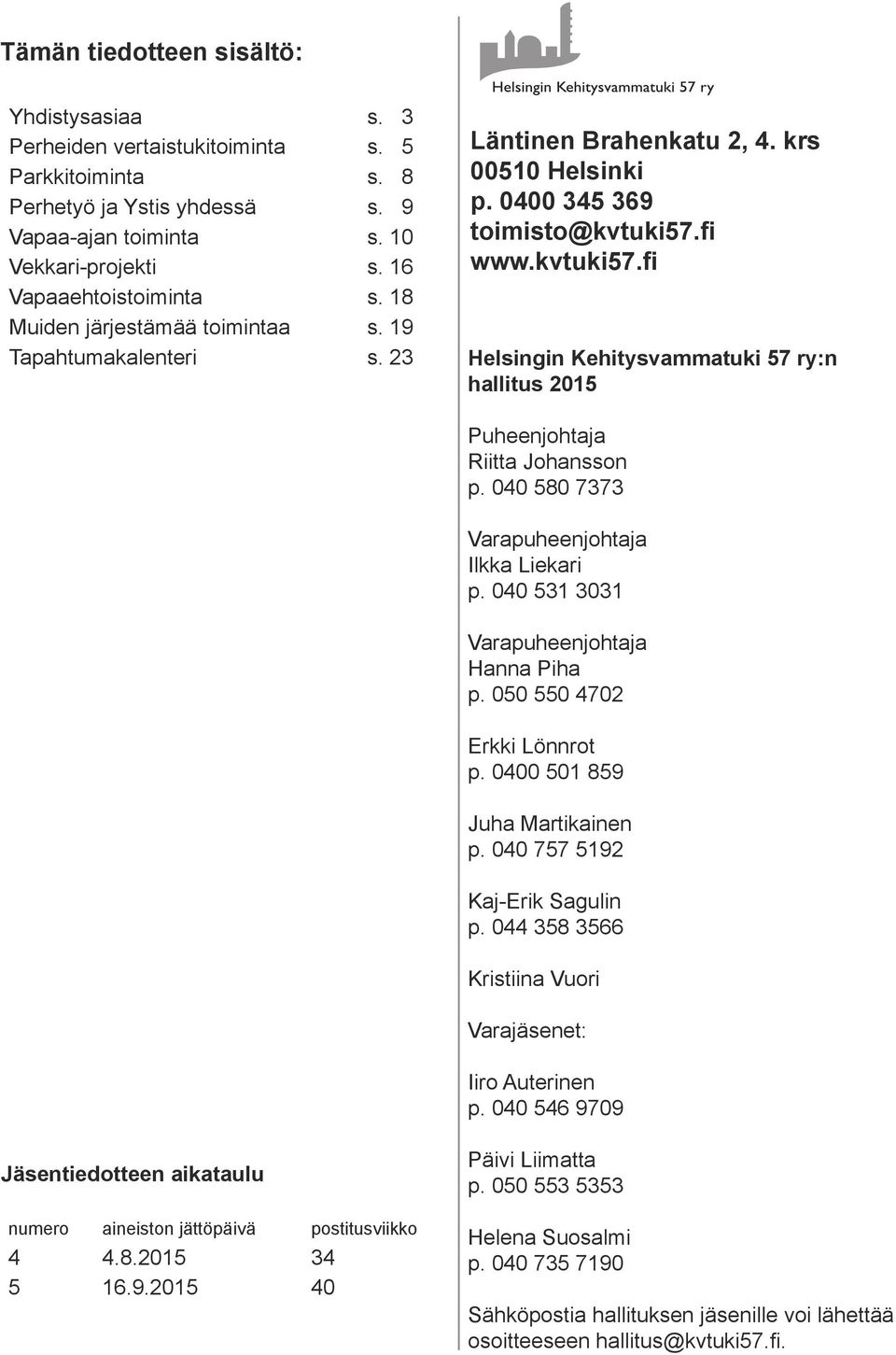 fi www.kvtuki57.fi Helsingin Kehitysvammatuki 57 ry:n hallitus 2015 Puheenjohtaja Riitta Johansson p. 040 580 7373 Varapuheenjohtaja Ilkka Liekari p. 040 531 3031 Varapuheenjohtaja Hanna Piha p.