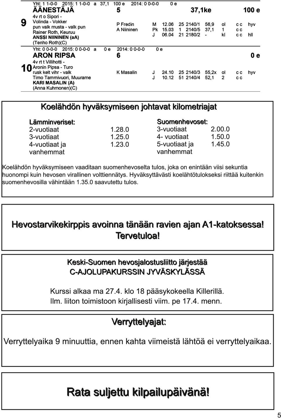 Hyväksyttävästi koelähtötulokseksi riittää kuitenkin suomenhevosilla vähintään 1.35.0 saavutettu tulos. H e vosta rvi ke ki rp p i s a voi n n a tä n ä ä n ra vi e n a j a n A1 -ka tokse ssa!