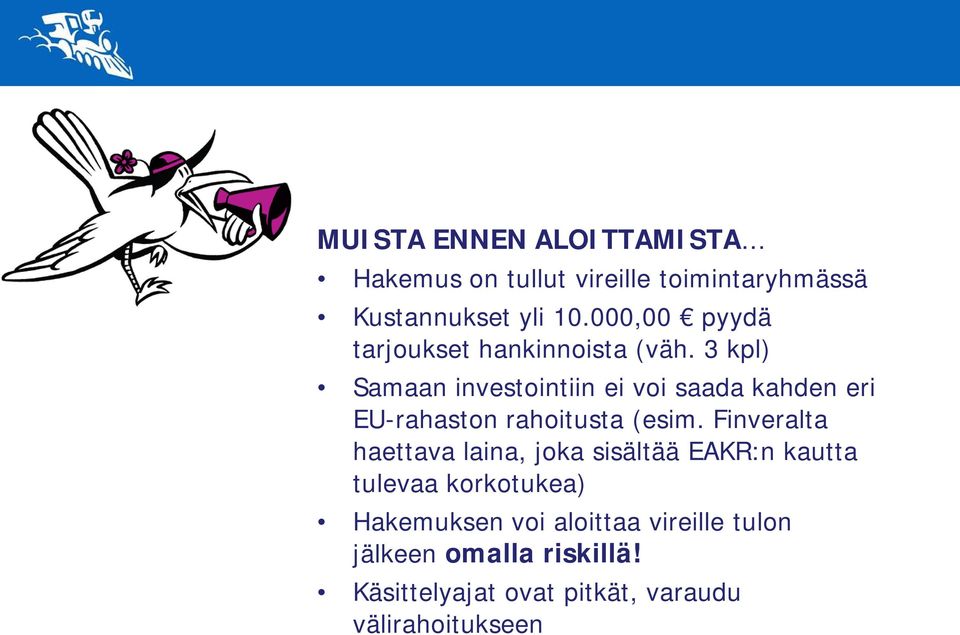 3 kpl) Samaan investointiin ei voi saada kahden eri EU-rahaston rahoitusta (esim.