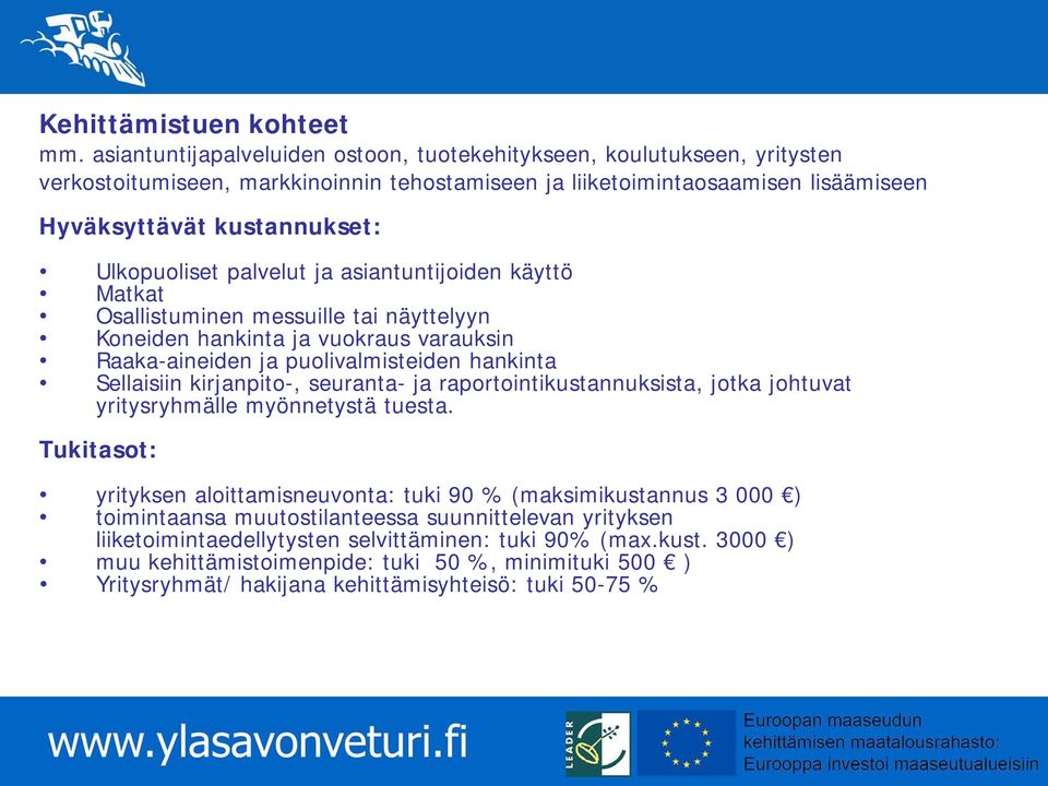 palvelut ja asiantuntijoiden käyttö Matkat Osallistuminen messuille tai näyttelyyn Koneiden hankinta ja vuokraus varauksin Raaka-aineiden ja puolivalmisteiden hankinta Sellaisiin kirjanpito-,