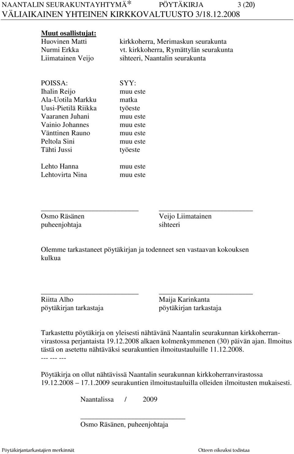 Lehto Hanna Lehtovirta Nina SYY: muu este matka työeste muu este muu este muu este muu este työeste muu este muu este Osmo Räsänen puheenjohtaja Veijo Liimatainen sihteeri Olemme tarkastaneet