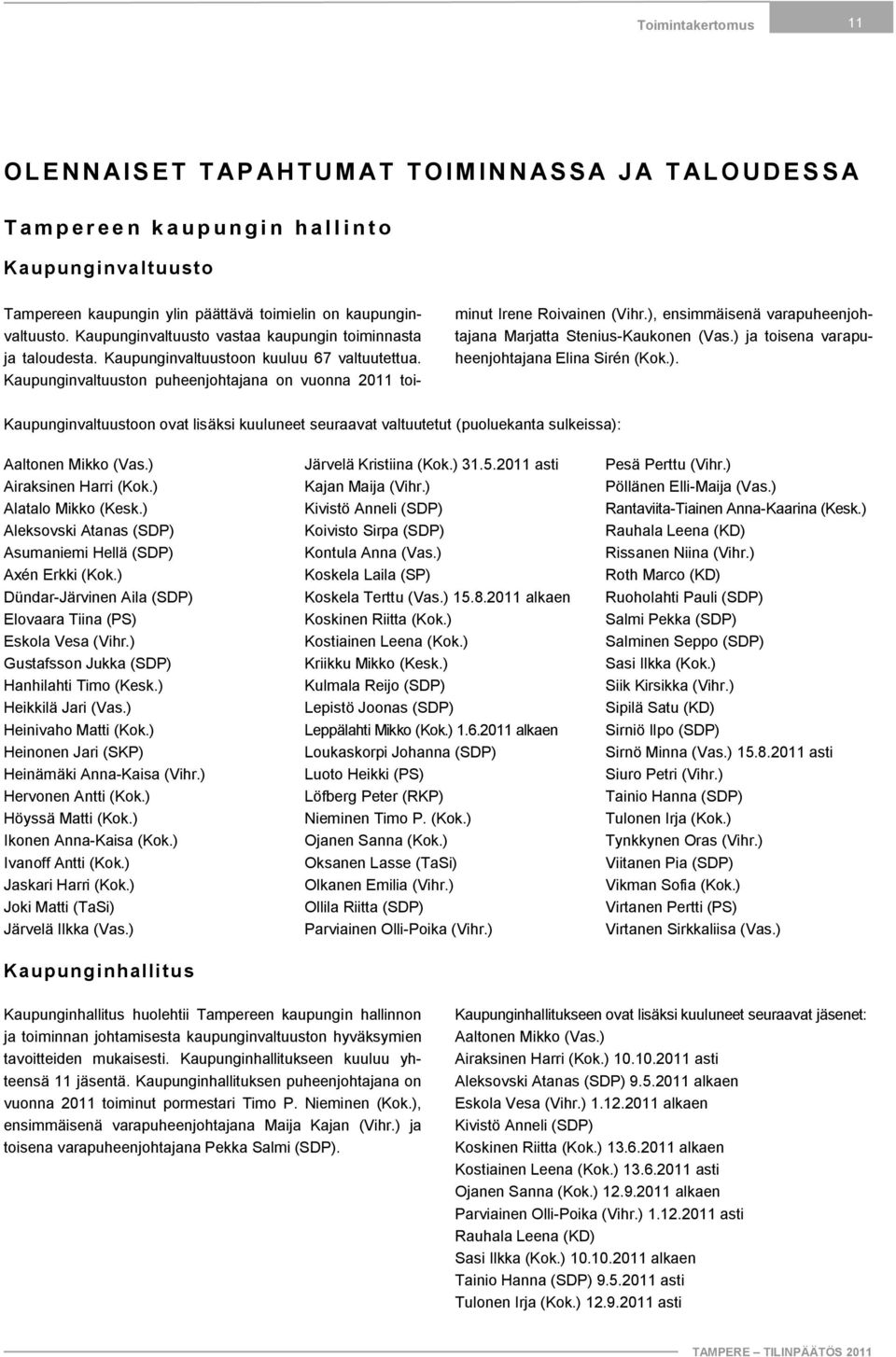 ), ensimmäisenä varapuheenjohtajana Marjatta Stenius Kaukonen (Vas.) ja toisena varapuheenjohtajana Elina Sirén (Kok.). Kaupunginvaltuustoon ovat lisäksi kuuluneet seuraavat valtuutetut (puoluekanta sulkeissa): Aaltonen Mikko (Vas.