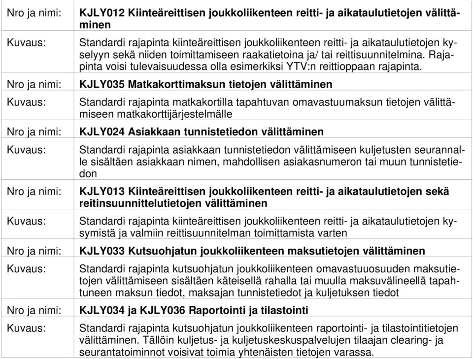 KJLY035 Matkakorttimaksun tietojen välittäminen Standardi rajapinta matkakortilla tapahtuvan omavastuumaksun tietojen välittämiseen matkakorttijärjestelmälle KJLY024 tunnistetiedon välittäminen