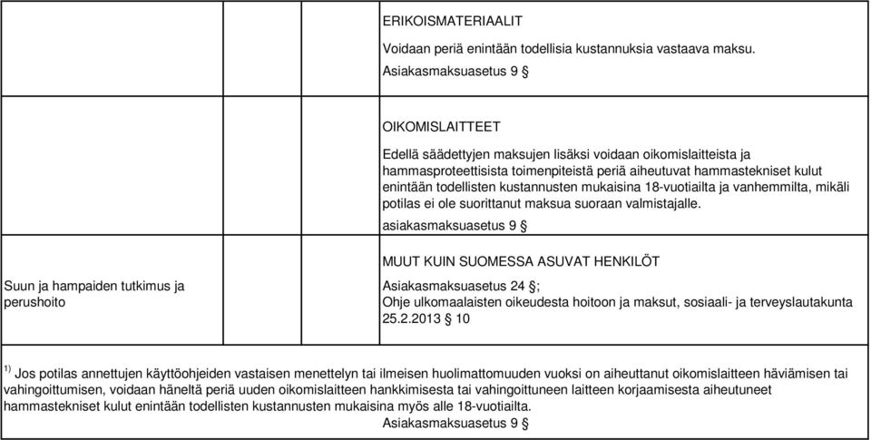 kustannusten mukaisina 18-vuotiailta ja vanhemmilta, mikäli potilas ei ole suorittanut maksua suoraan valmistajalle.