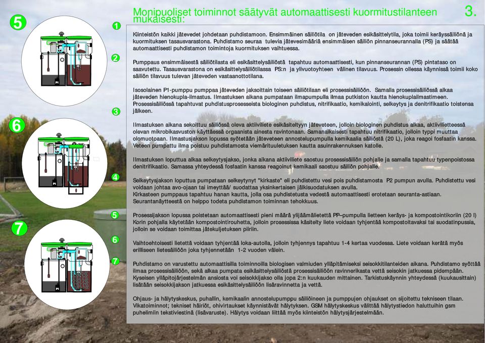 Puhdistamo seuraa tulevia jätevesimääriä ensimmäisen säiliön pinnanseurannalla () ja säätää automaattisesti puhdistamon toimintoja kuormituksen vaihtuessa.