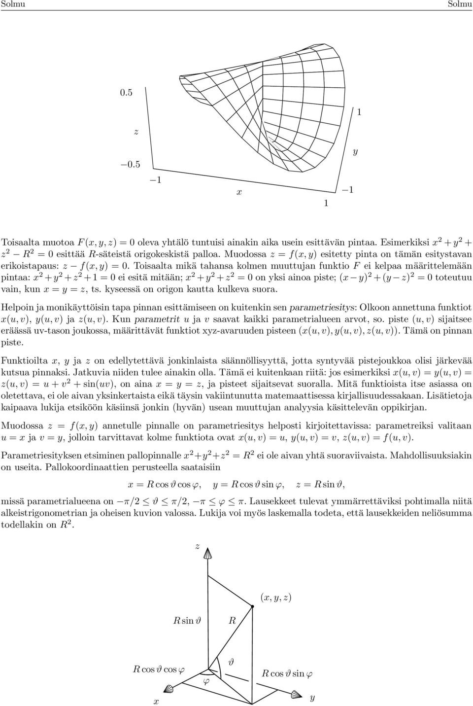 Toislt mikä thns kolmen muuttujn funktio F ei kelp määrittelemään pint: x 2 + y 2 + z 2 +1 = 0 ei esitä mitään; x 2 + y 2 + z 2 = 0 on yksi ino piste; (x y) 2 +(y z) 2 = 0 toteutuu vin, kun x = y =