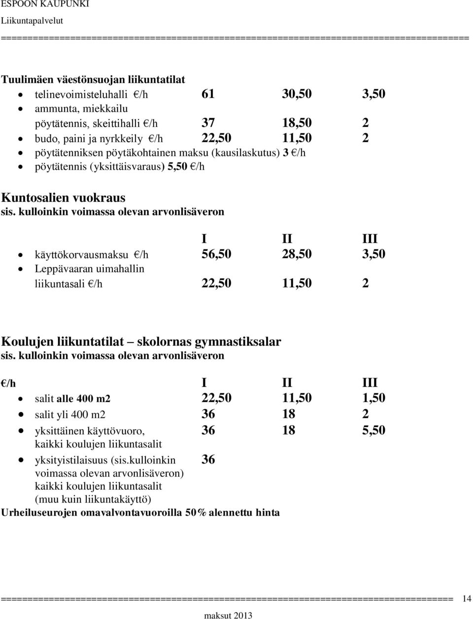 liikuntasali /h 22,50 11,50 2 Koulujen liikuntatilat skolornas gymnastiksalar /h I II III salit alle 400 m2 22,50 11,50 1,50 salit yli 400 m2 36 18 2 yksittäinen käyttövuoro, kaikki koulujen