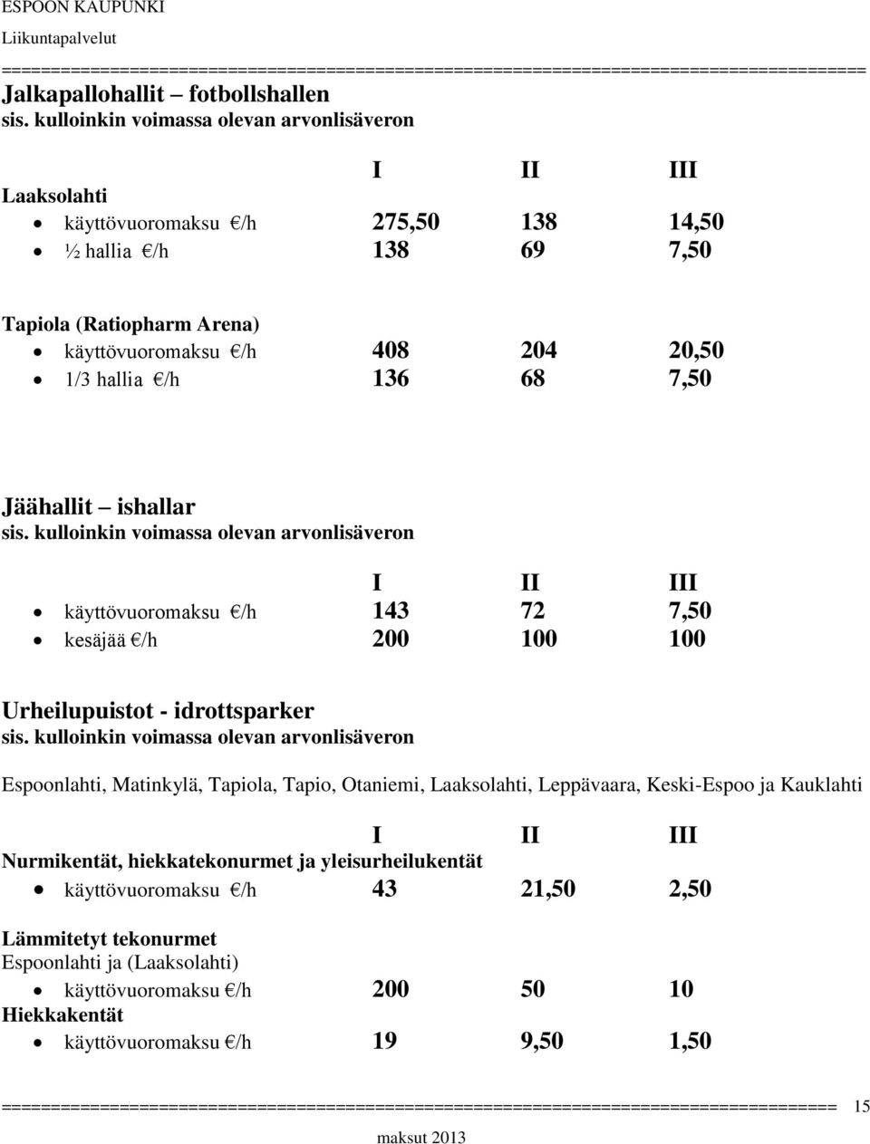 idrottsparker Espoonlahti, Matinkylä, Tapiola, Tapio, Otaniemi, Laaksolahti, Leppävaara, Keski-Espoo ja Kauklahti I II III Nurmikentät, hiekkatekonurmet ja