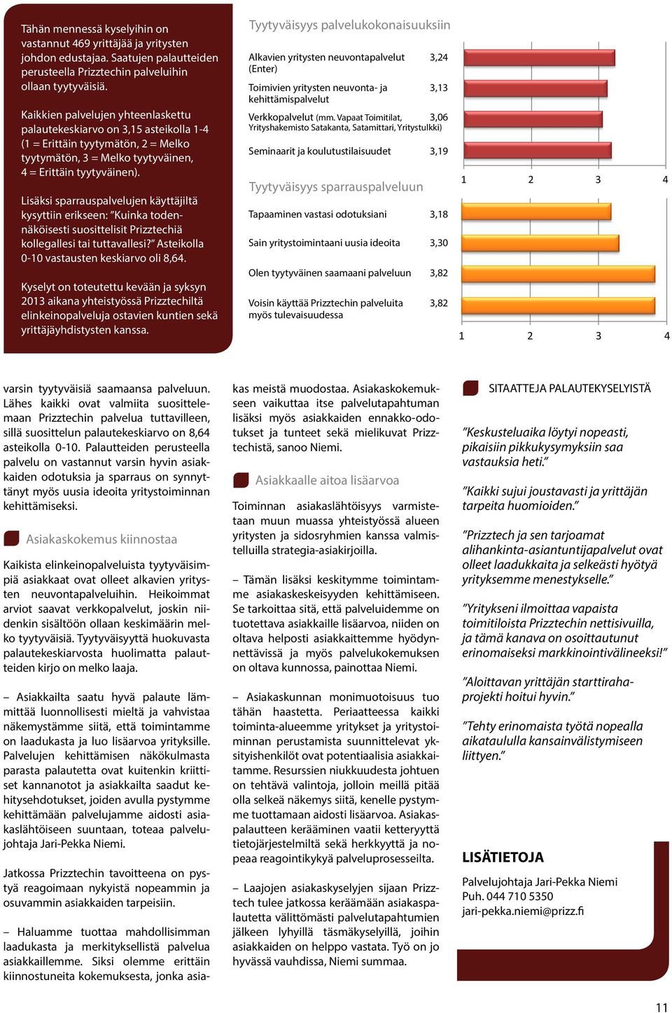 Lisäksi sparrauspalvelujen käyttäjiltä kysyttiin erikseen: Kuinka todennäköisesti suosittelisit Prizztechiä kollegallesi tai tuttavallesi? Asteikolla 0-10 vastausten keskiarvo oli 8,64.