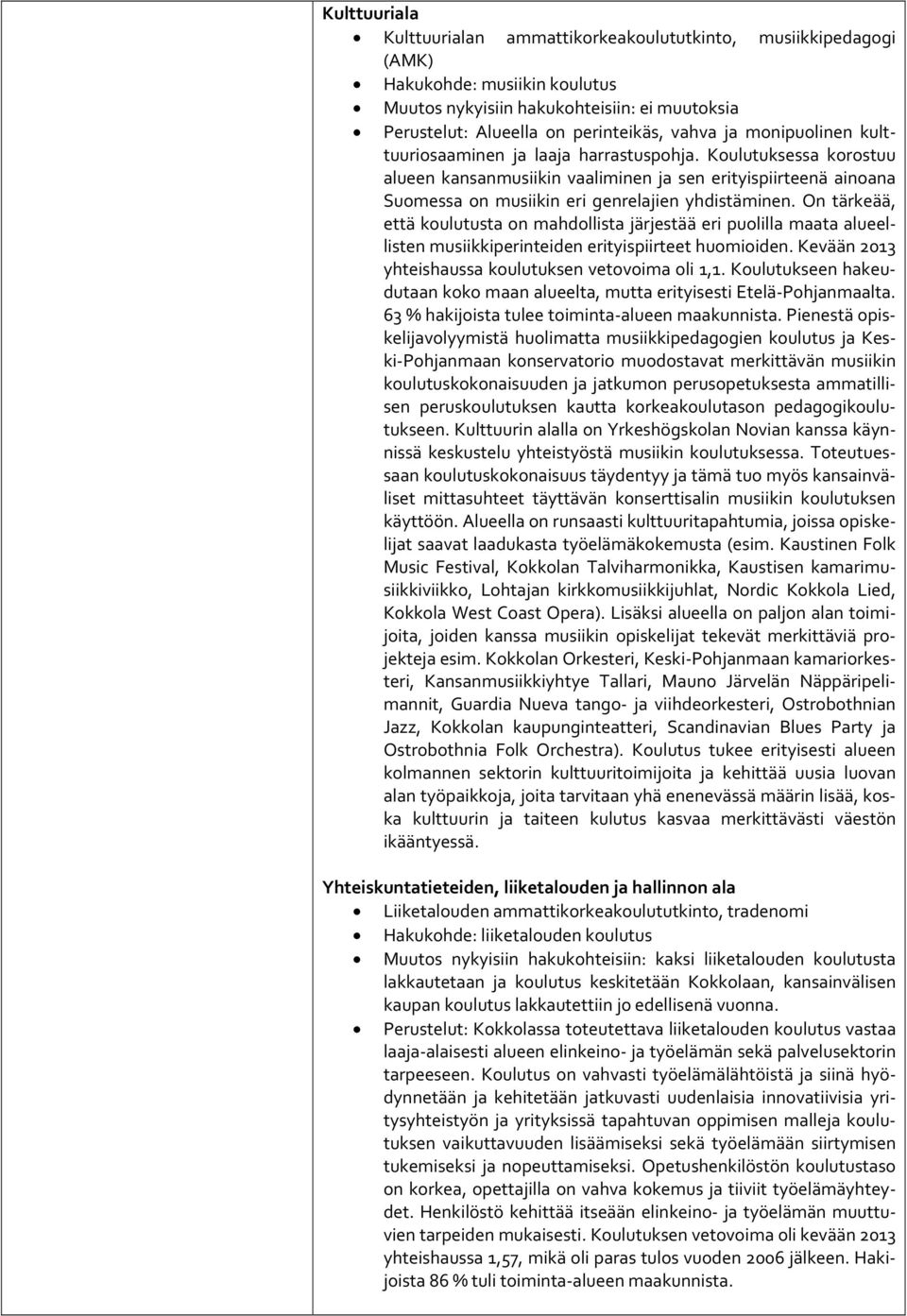 On tärkeää, että koulutusta on mahdollista järjestää eri puolilla maata alueellisten musiikkiperinteiden erityispiirteet huomioiden. Kevään 2013 yhteishaussa koulutuksen vetovoima oli 1,1.