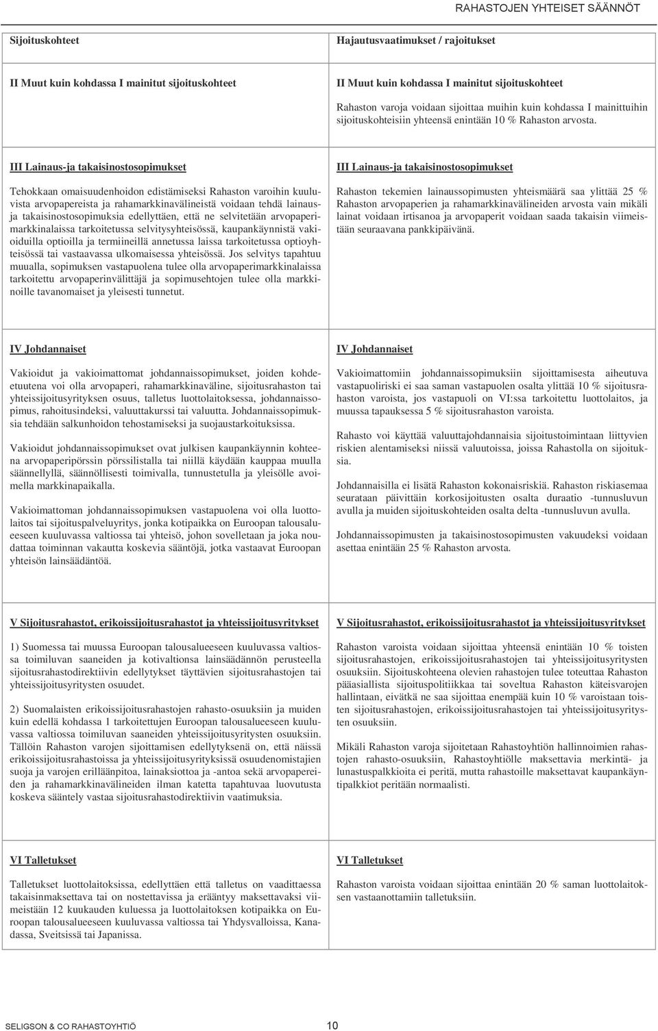 III Lainaus-ja takaisinostosopimukset III Lainaus-ja takaisinostosopimukset Tehokkaan omaisuudenhoidon edistämiseksi Rahaston varoihin kuuluvista arvopapereista ja rahamarkkinavälineistä voidaan