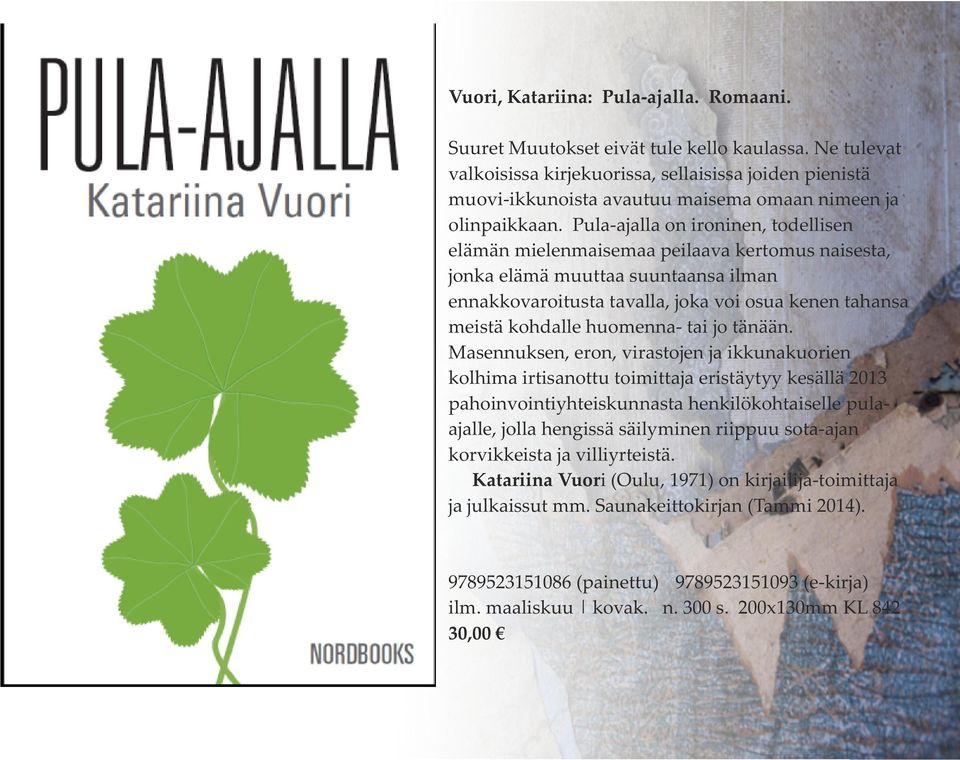 Pula-ajalla on ironinen, todellisen elämän mielenmaisemaa peilaava kertomus naisesta, jonka elämä muuttaa suuntaansa ilman ennakkovaroitusta tavalla, joka voi osua kenen tahansa meistä kohdalle