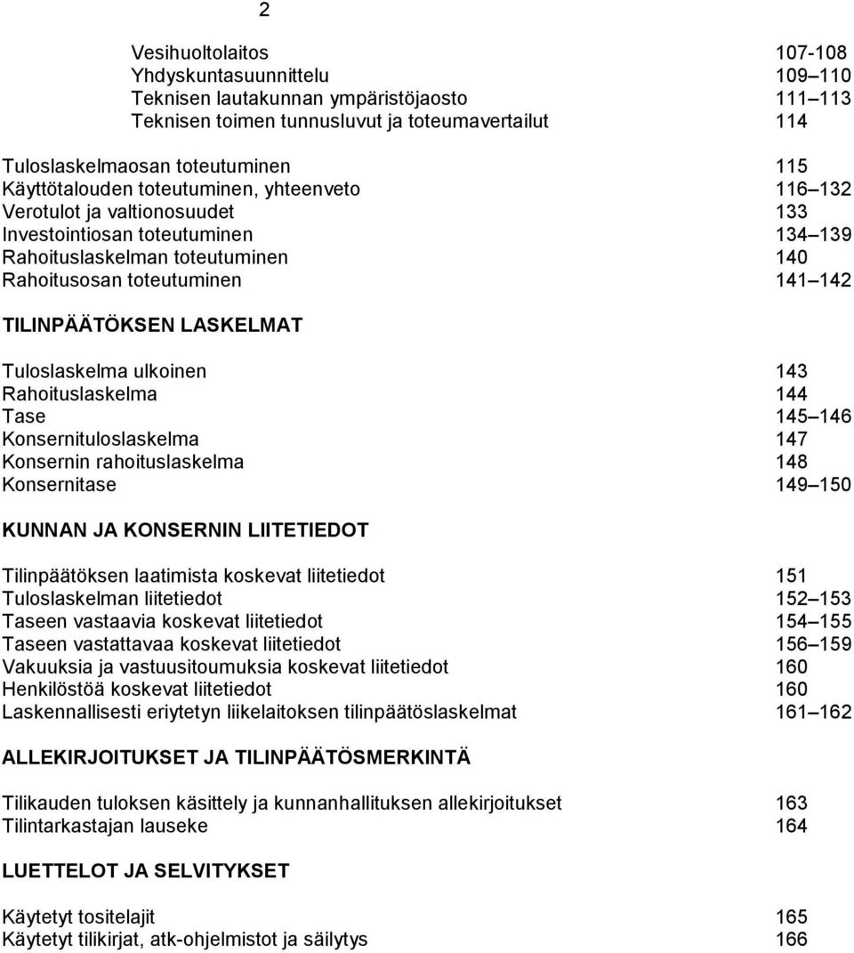 TILINPÄÄTÖKSEN LASKELMAT Tuloslaskelma ulkoinen 143 Rahoituslaskelma 144 Tase 145 146 Konsernituloslaskelma 147 Konsernin rahoituslaskelma 148 Konsernitase 149 150 KUNNAN JA KONSERNIN LIITETIEDOT