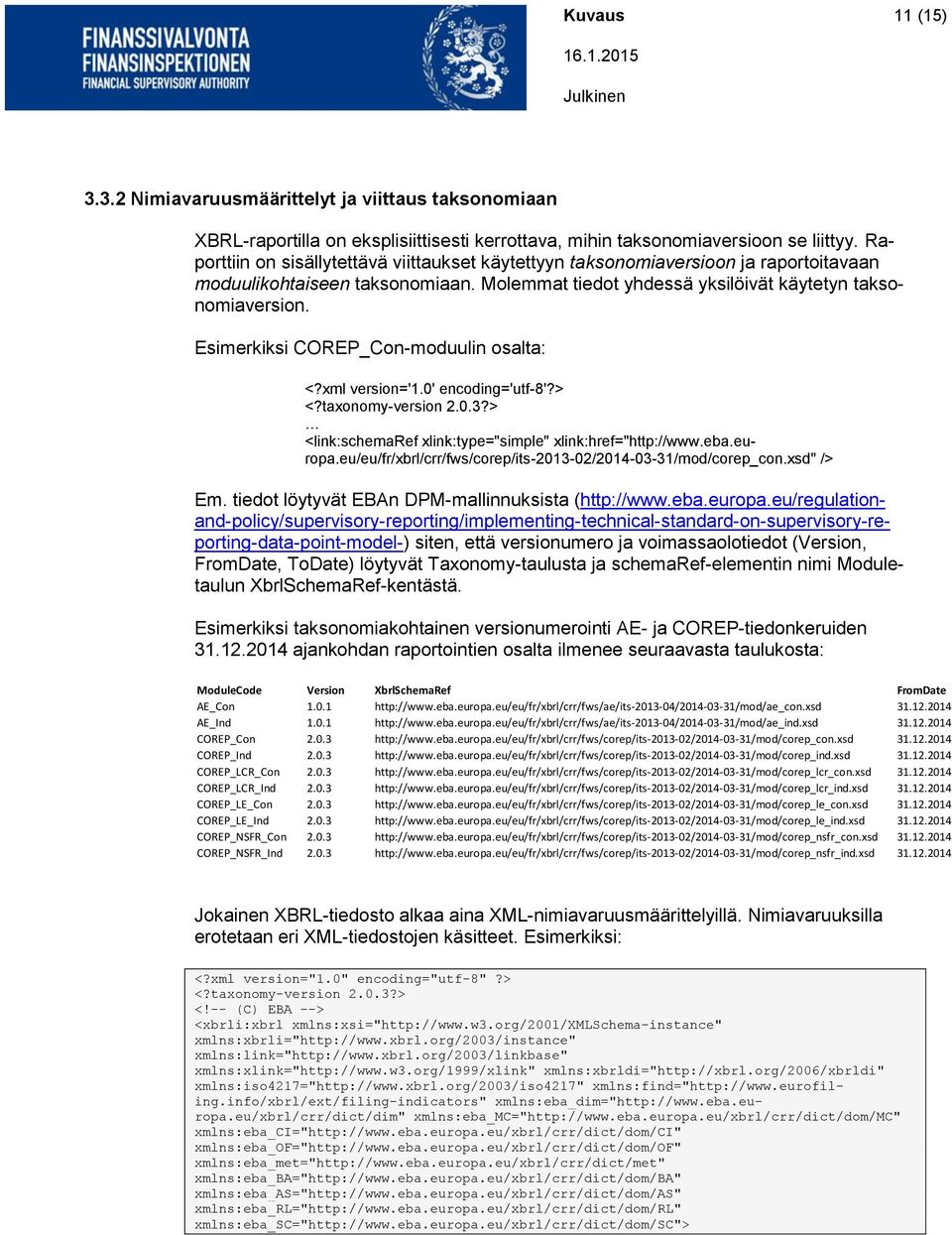 Esimerkiksi COREP_Con-moduulin osalta: <?xml version='1.0' encoding='utf-8'?> <?taxonomy-version 2.0.3?> <link:schemaref xlink:type="simple" xlink:href="http://www.eba.europa.