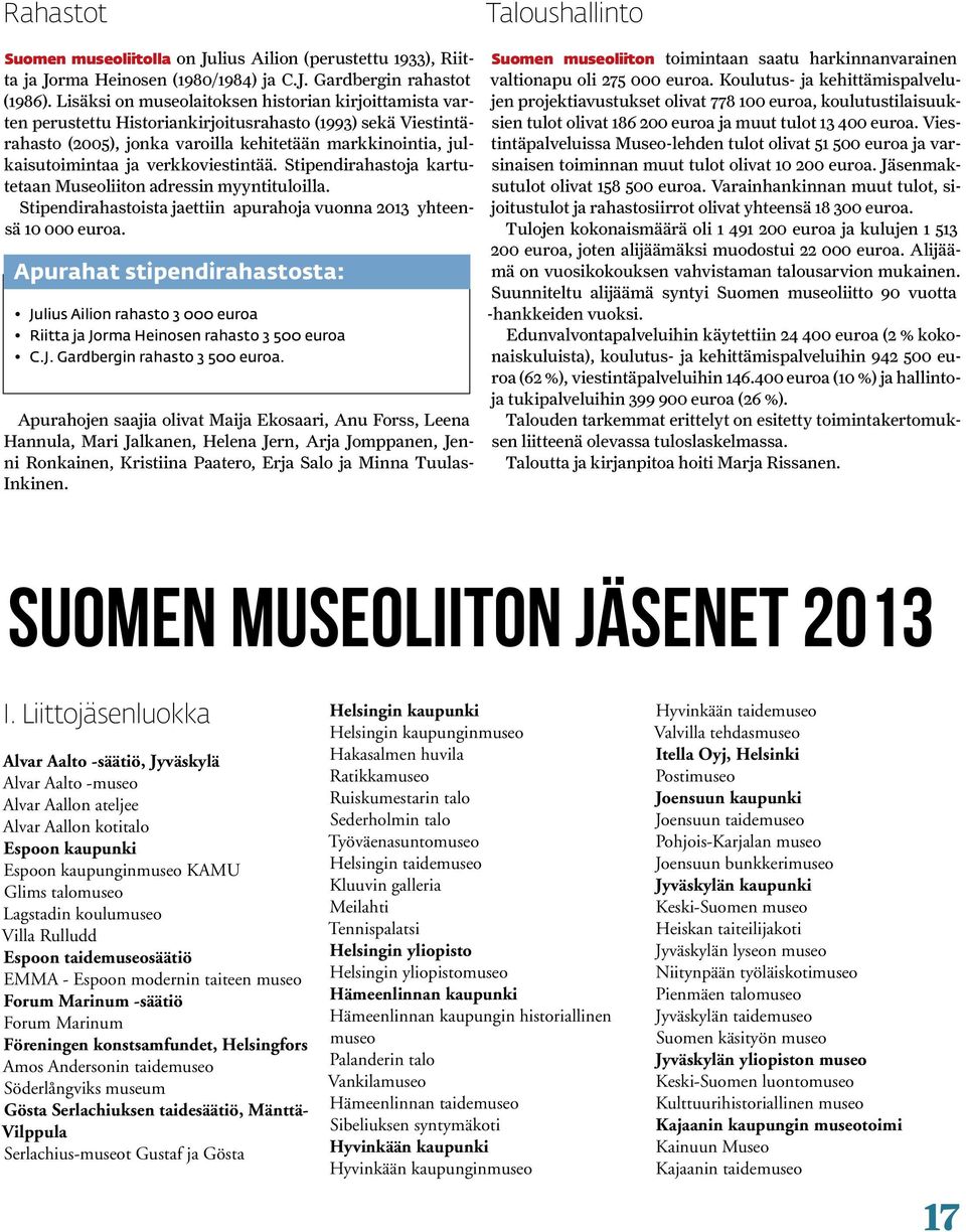 verkkoviestintää. Stipendirahastoja kartutetaan Museoliiton adressin myyntituloilla. Stipendirahastoista jaettiin apurahoja vuonna 2013 yhteensä 10 000 euroa.