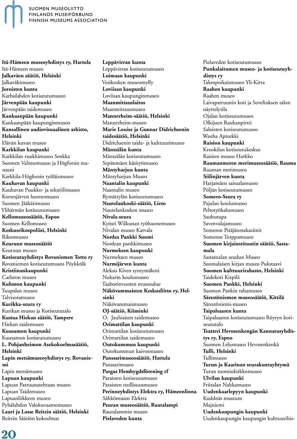 Karkkila-Högforsin työläismuseo Kauhavan kaupunki Kauhavan Puukko- ja tekstiilimuseo Kortesjärven luontomuseo Suomen Jääkärimuseo Ylihärmän kotiseutumuseo Kellomuseosäätiö, Espoo Suomen Kellomuseo