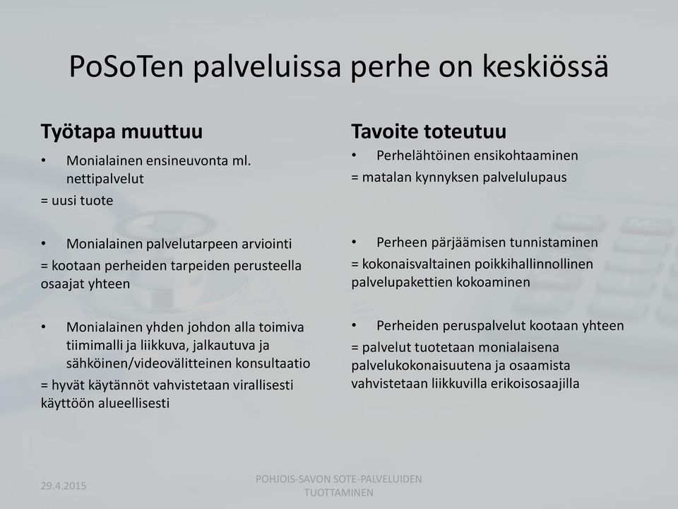 osaajat yhteen Perheen pärjäämisen tunnistaminen = kokonaisvaltainen poikkihallinnollinen palvelupakettien kokoaminen Monialainen yhden johdon alla toimiva tiimimalli ja liikkuva, jalkautuva ja