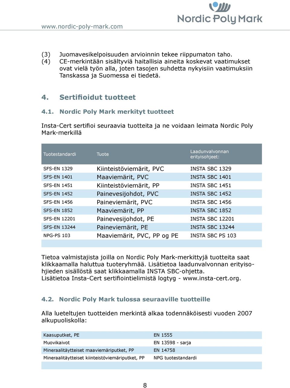 Nordic Poly Mark merkityt tuotteet InstaCert sertifioi seuraavia tuotteita ja ne voidaan leimata Nordic Poly Markmerkillä Tuotestandardi Tuote Laadunvalvonnan erityisohjeet: SFSEN 1329