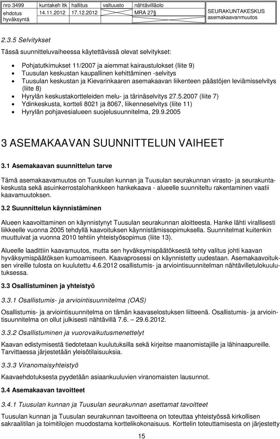 2007 (liite 7) Ydinkeskusta, kortteli 8021 ja 8067, liikenneselvitys (liite 11) Hyrylän pohjavesialueen suojelusuunnitelma, 29.9.2005 3 ASEMAKAAVAN SUUNNITTELUN VAIHEET 3.