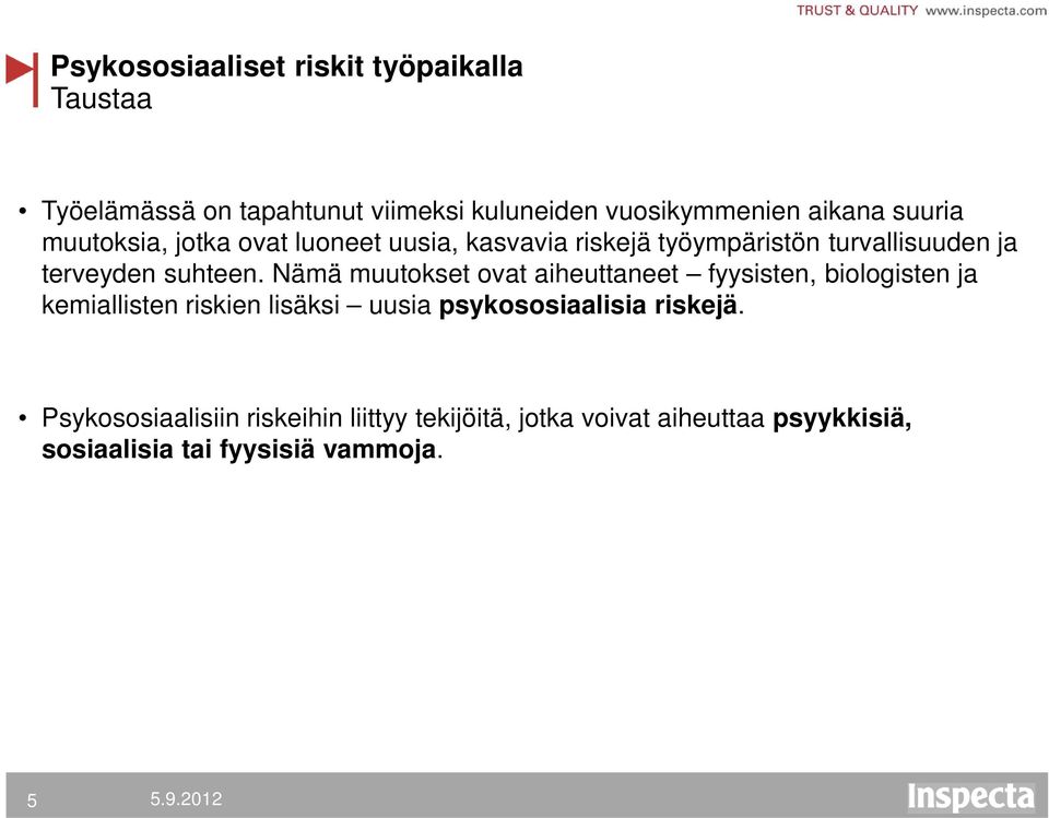 Nämä muutokset ovat aiheuttaneet fyysisten, biologisten ja kemiallisten riskien lisäksi uusia psykososiaalisia