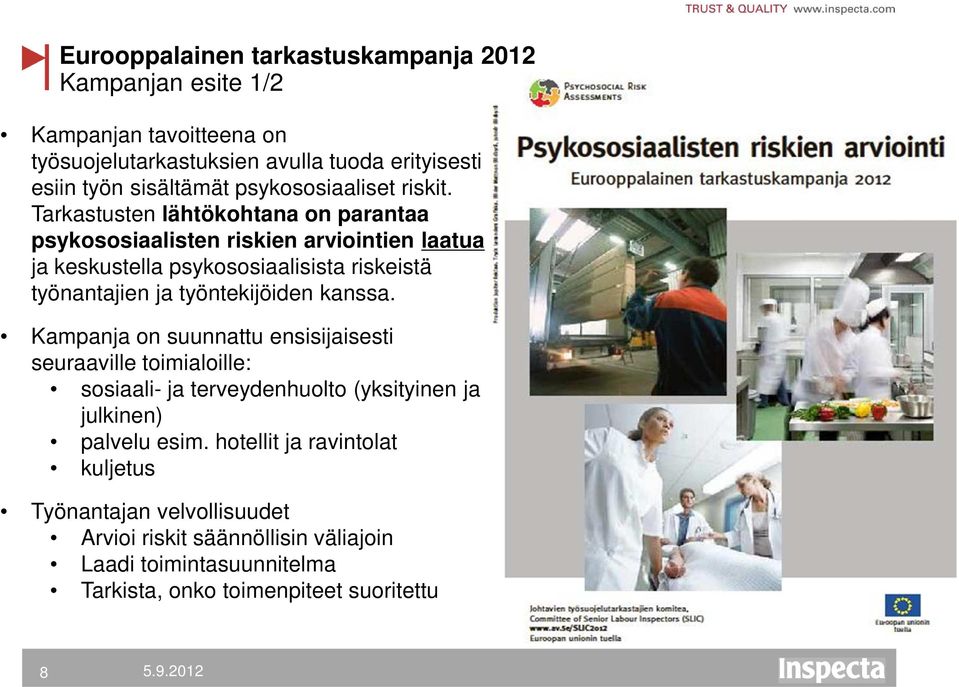 Tarkastusten lähtökohtana on parantaa psykososiaalisten riskien arviointien laatua ja keskustella psykososiaalisista riskeistä työnantajien ja työntekijöiden