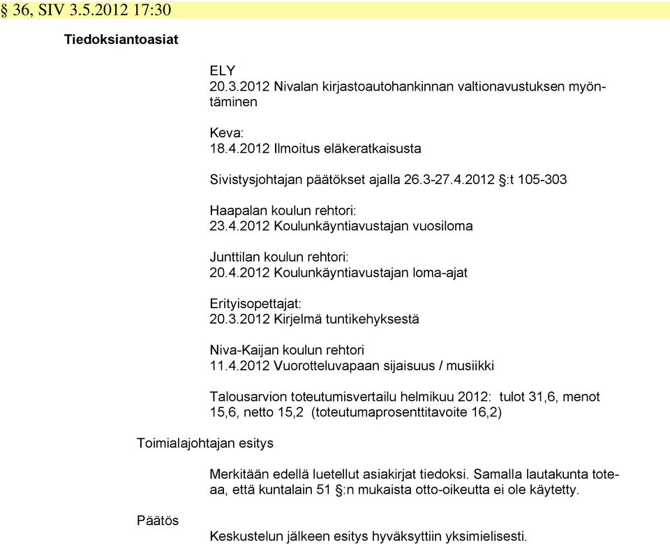 3.2012 Kirjelmä tuntikehyksestä Niva-Kaijan koulun rehtori 11.4.