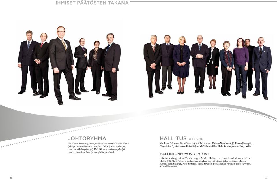 Kainulainen (johtaja, energialiiketoiminta) Hallitus 31.12.2011 Vas. Lauri Saloriutta, Pertti Sorsa (vpj.), Aila Lehtinen, Kalervo Nieminen (pj.