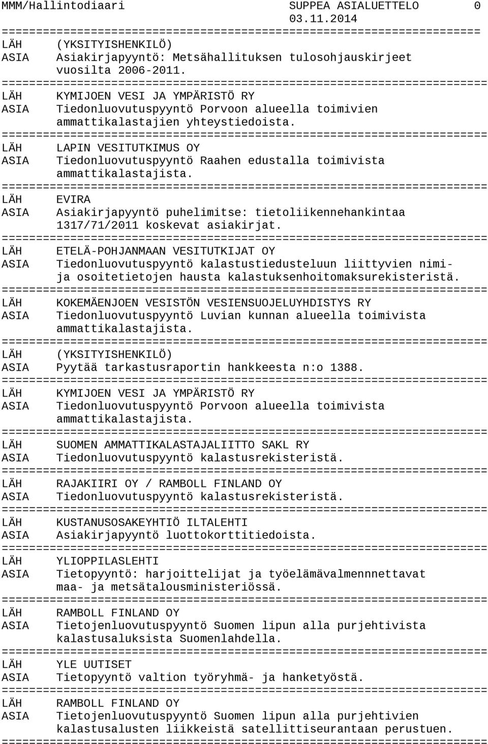 LÄH LAPIN VESITUTKIMUS OY ASIA Tiedonluovutuspyyntö Raahen edustalla toimivista LÄH EVIRA ASIA Asiakirjapyyntö puhelimitse: tietoliikennehankintaa 1317/71/2011 koskevat asiakirjat.