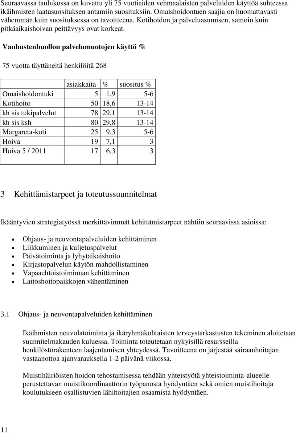 Vanhustenhuollon palvelumuotojen käyttö % 75 vuotta täyttäneitä henkilöitä 268 asiakkaita % suositus % Omaishoidontuki 5 1,9 5-6 Kotihoito 50 18,6 13-14 kh sis tukipalvelut 78 29,1 13-14 kh sis ksh