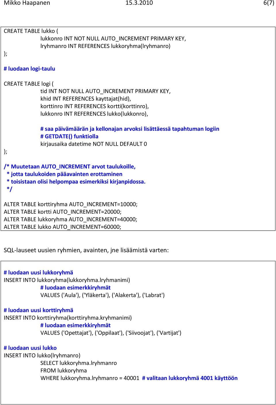 AUTO_INCREMENT PRIMARY KEY, khid INT REFERENCES kayttajat(hid), korttinro INT REFERENCES kortti(korttinro), lukkonro INT REFERENCES lukko(lukkonro), # saa päivämäärän ja kellonajan arvoksi