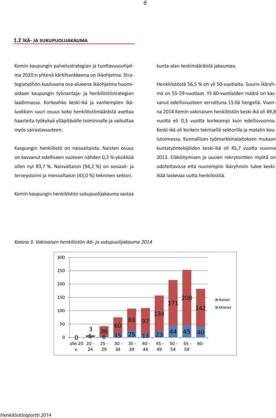 Korkeahko keski-ikä ja vanhempien ikäluokkien suuri osuus koko henkilöstömäärästä asettaa haasteita työkykyä ylläpitävälle toiminnalle ja vaikuttaa myös sairastavuuteen.