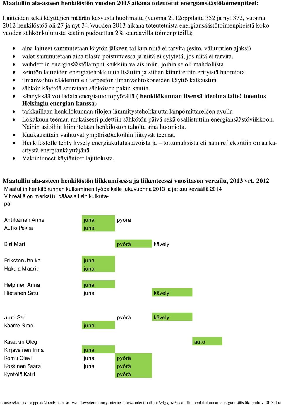 )vuoden 2013 aikana toteutetuista energiansäästötoimenpiteistä koko vuoden sähkönkulutusta saatiin pudotettua 2% seuraavilla toimenpiteillä; aina laitteet sammutetaan käytön jälkeen tai kun niitä ei