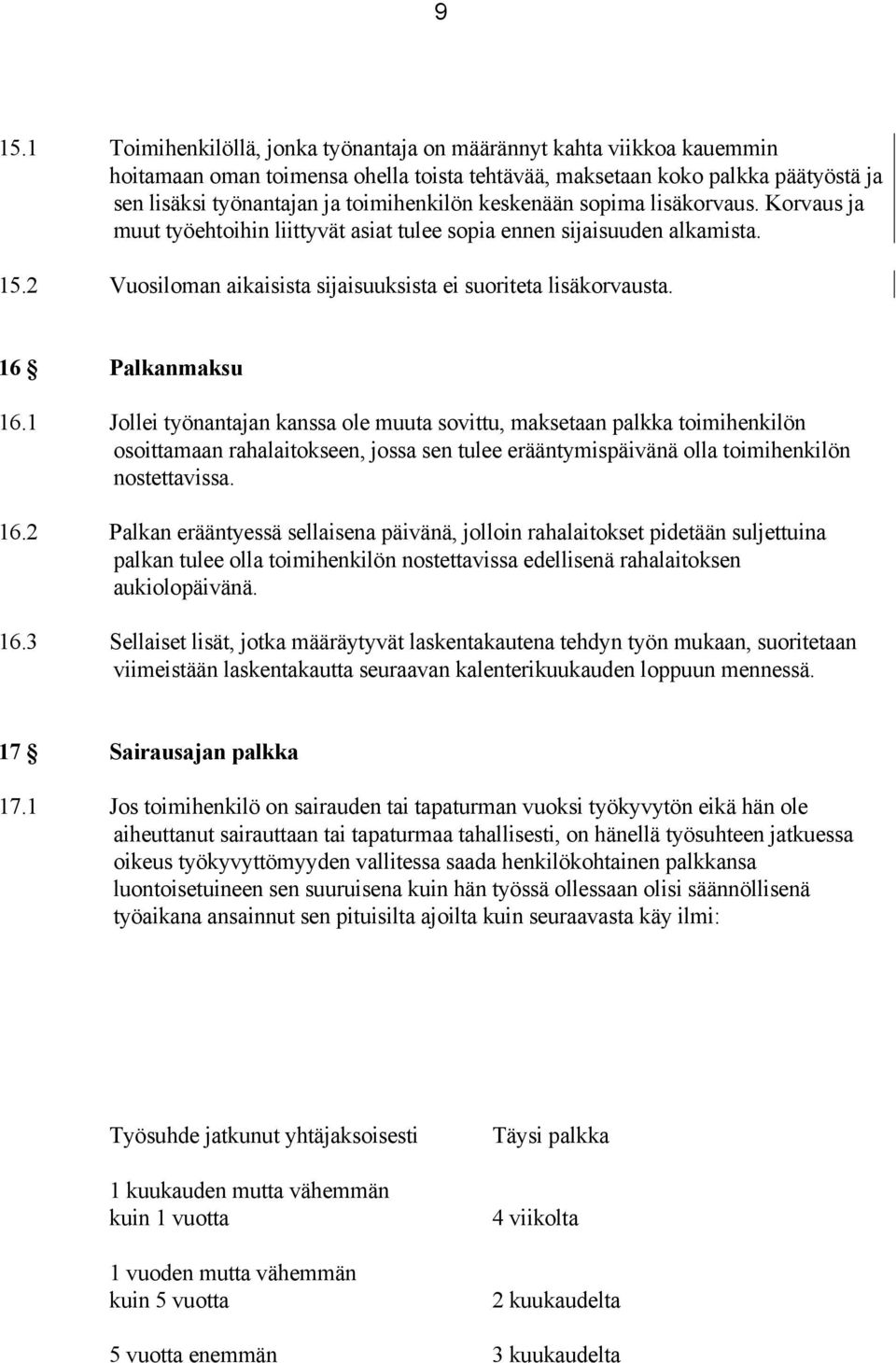 16 Palkanmaksu 16.1 Jollei työnantajan kanssa ole muuta sovittu, maksetaan palkka toimihenkilön osoittamaan rahalaitokseen, jossa sen tulee erääntymispäivänä olla toimihenkilön nostettavissa. 16.2 Palkan erääntyessä sellaisena päivänä, jolloin rahalaitokset pidetään suljettuina palkan tulee olla toimihenkilön nostettavissa edellisenä rahalaitoksen aukiolopäivänä.