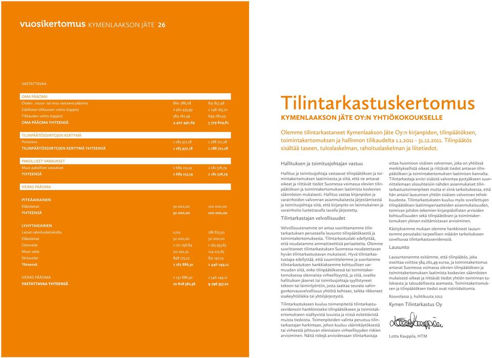 Tilintarkastuskertomus Kymenlaakson Jäte Oy:n yhtiökokoukselle Olemme tilintarkastaneet Kymenlaakson Jäte Oy:n kirjanpidon, tilinpäätöksen, toimintakertomuksen ja hallinnon tilikaudelta 1.1.2011-31.