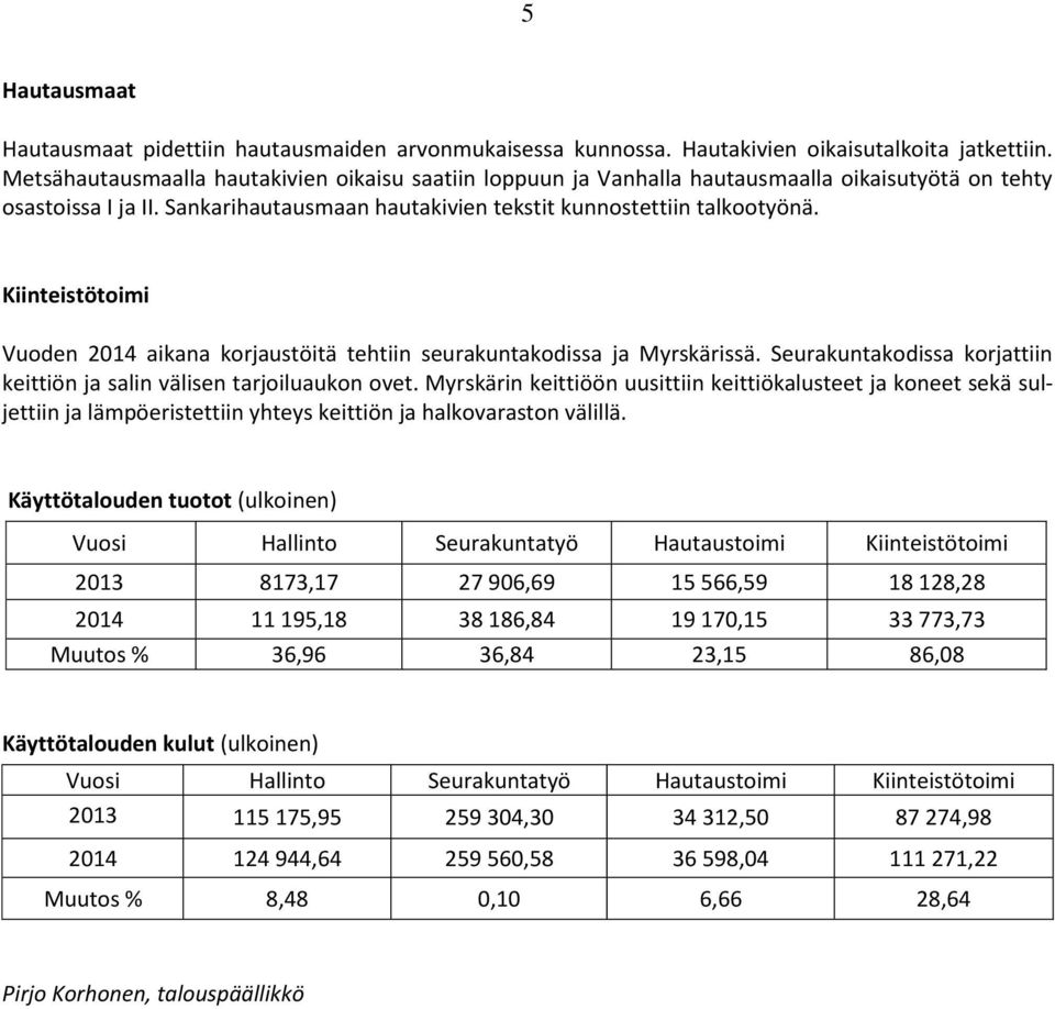 Kiinteistötoimi Vuoden 2014 aikana korjaustöitä tehtiin seurakuntakodissa ja Myrskärissä. Seurakuntakodissa korjattiin keittiön ja salin välisen tarjoiluaukon ovet.