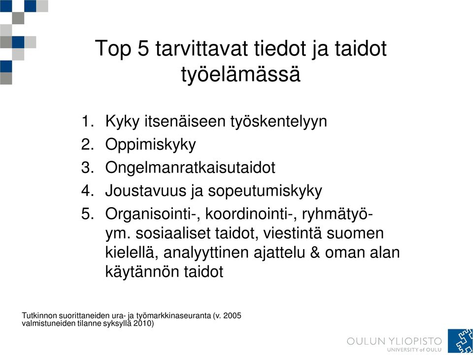 sosiaaliset taidot, viestintä suomen kielellä, analyyttinen ajattelu & oman alan käytännön taidot