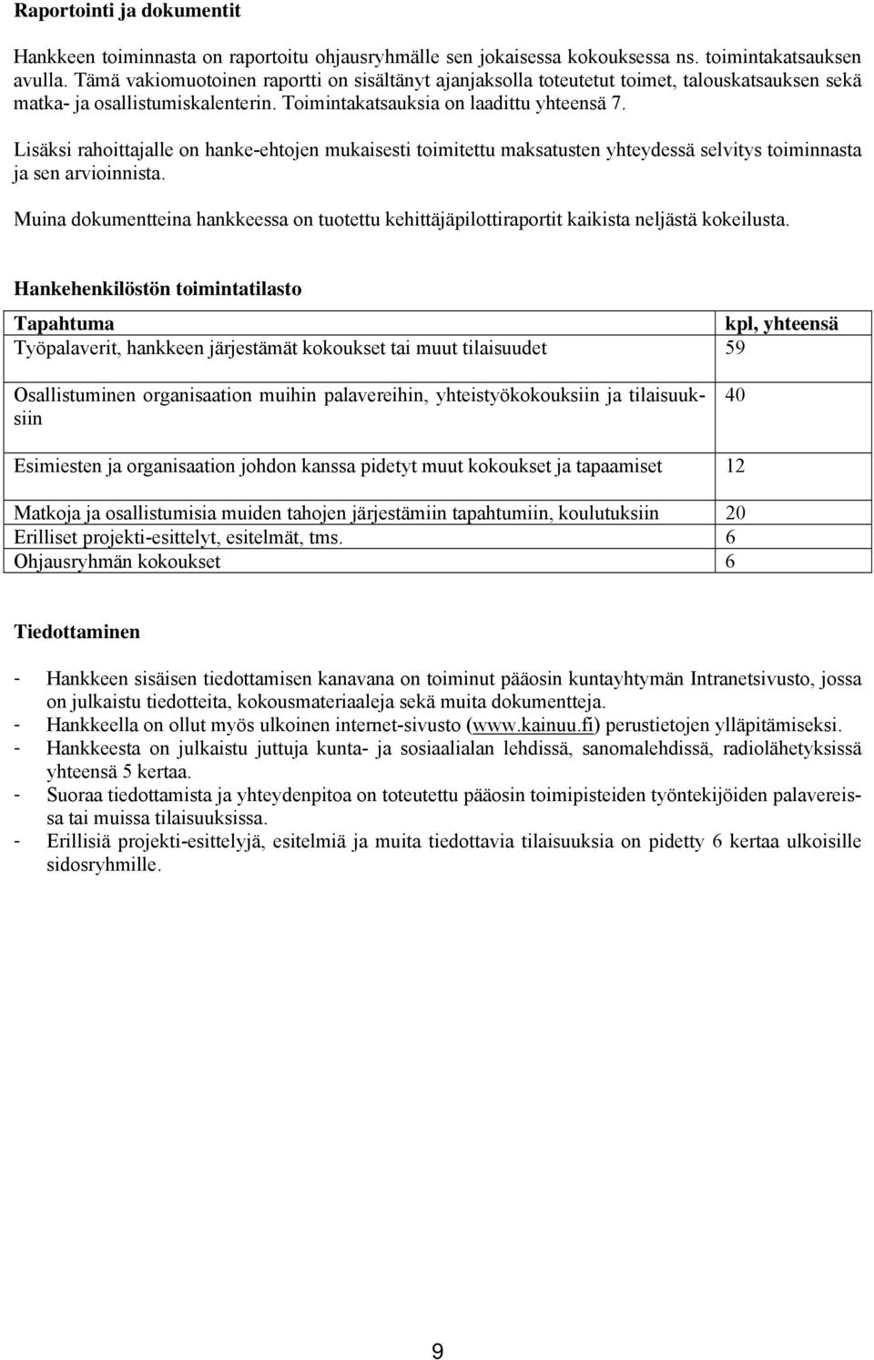 Lisäksi rahoittajalle on hanke-ehtojen mukaisesti toimitettu maksatusten yhteydessä selvitys toiminnasta ja sen arvioinnista.