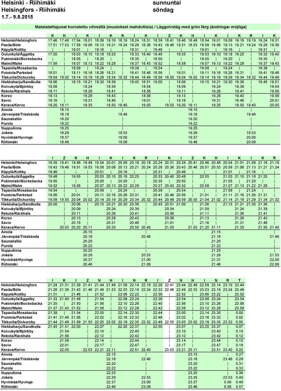 16 18.31 18.46 19.01 19.16 19.31 Oulunkylä/Åggelby 17.55 18.03 18.10 18.18 18.25 18.33 18.40 18.48 18.55 19.03 19.10 19.18 19.25 19.33 19.40 Pukinmäki/Bocksbacka 18.05 18.20 18.35 18.50 19.05 19.