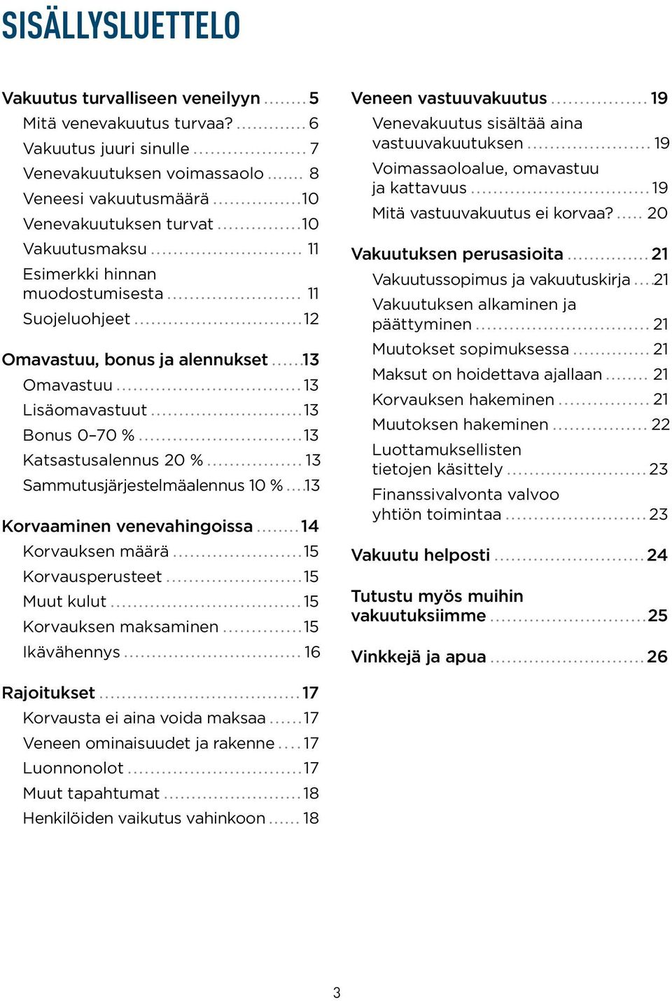 alennukset 13 Omavastuu 13 Lisäomavastuut 13 Bonus 0 70 % 13 Katsastusalennus 20 % 13 Sammutusjärjestelmäalennus 10 % 1 3 Korvaaminen venevahingoissa 14 Korvauksen määrä 15 Korvausperusteet 15 Muut