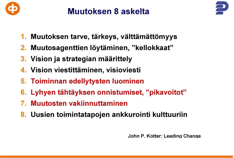 Vision viestittäminen, visioviesti 5. Toiminnan edellytysten luominen 6.