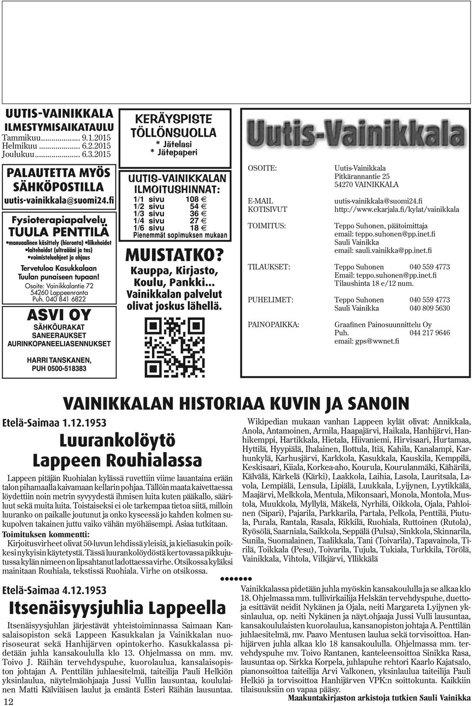 040 841 6822 MUISTATKO? Kauppa, Kirjasto, Koulu, Pankki... Vainikkalan palvelut olivat joskus lähellä. TOIMITUS: Teppo Suhonen, päätoimittaja email: teppo.suhonen@pp.inet.