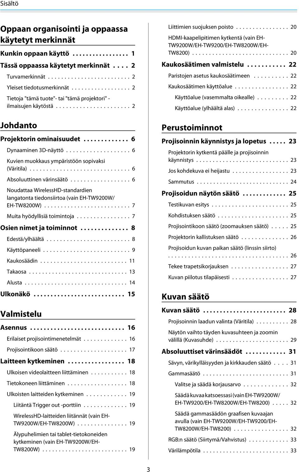 .. 6 Absoluuttinen värinsäätö... 6 Noudattaa WirelessHD-standardien langatonta tiedonsiirtoa (vain EH-TW9200W/ EH-TW8200W)... 7 Muita hyödyllisiä toimintoja... 7 Osien nimet ja toiminnot.