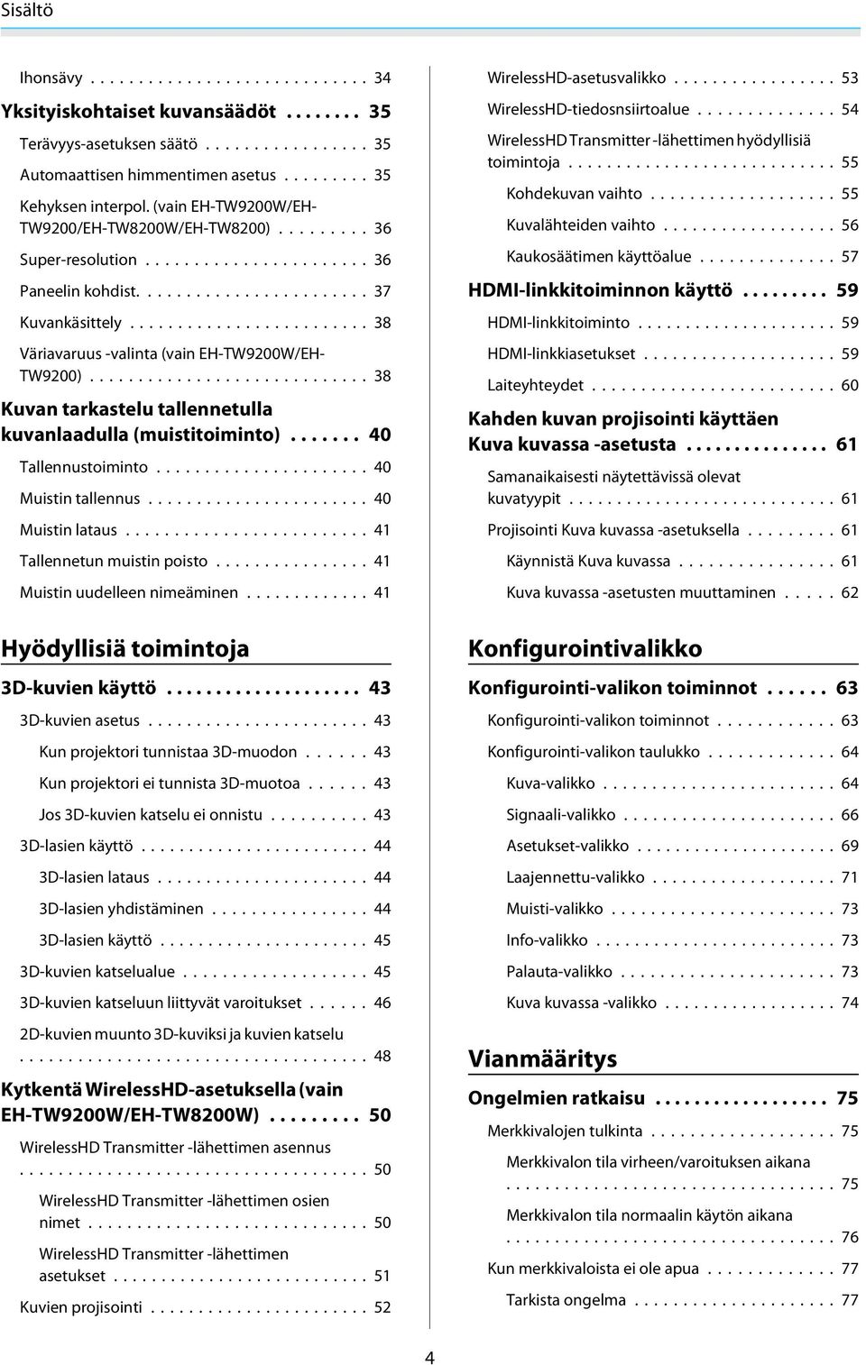 .. 40 Tallennustoiminto... 40 Muistin tallennus... 40 Muistin lataus... 41 Tallennetun muistin poisto... 41 Muistin uudelleen nimeäminen... 41 Hyödyllisiä toimintoja 3D-kuvien käyttö.