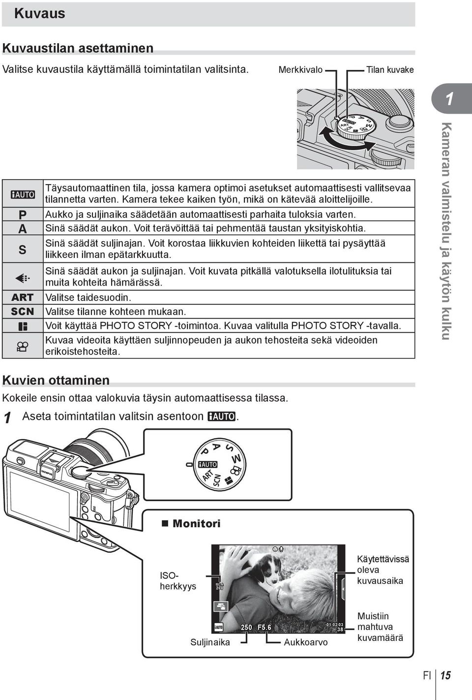 Kamera tekee kaiken työn, mikä on kätevää aloittelijoille. Aukko ja suljinaika säädetään automaattisesti parhaita tuloksia varten. Sinä säädät aukon.