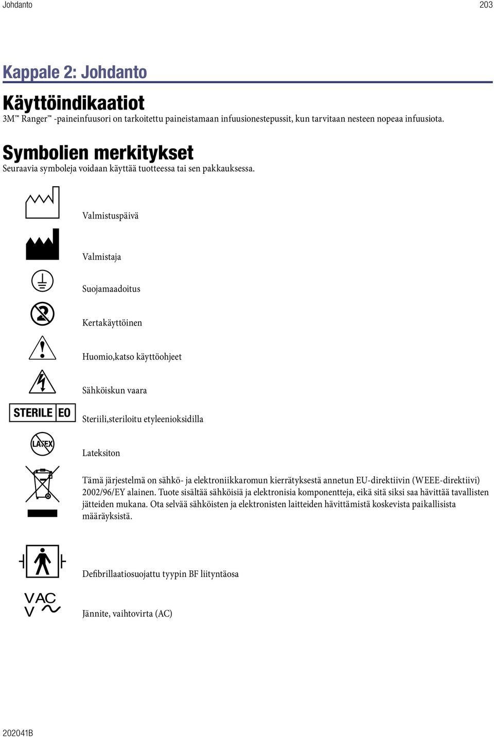 Valmistuspäivä Valmistaja Suojamaadoitus Kertakäyttöinen Huomio,katso käyttöohjeet Sähköiskun vaara Steriili,steriloitu etyleenioksidilla Lateksiton Tämä järjestelmä on sähkö- ja elektroniikkaromun